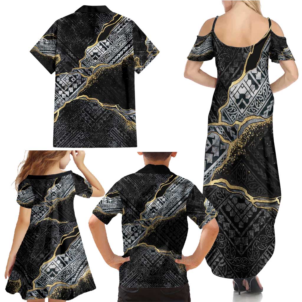 Polynesian Tribal Tattoo Family Matching Summer Maxi Dress and Hawaiian Shirt Dark Marble Pattern LT9 - Polynesian Pride