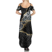 Polynesian Tribal Tattoo Family Matching Summer Maxi Dress and Hawaiian Shirt Dark Marble Pattern LT9 - Polynesian Pride