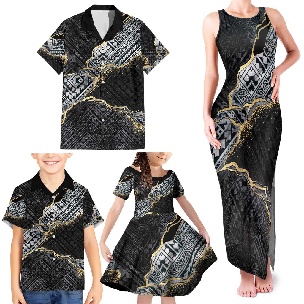 Polynesian Tribal Tattoo Family Matching Tank Maxi Dress and Hawaiian Shirt Dark Marble Pattern LT9 - Polynesian Pride