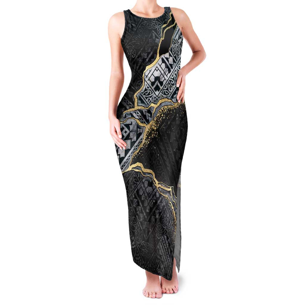 Polynesian Tribal Tattoo Family Matching Tank Maxi Dress and Hawaiian Shirt Dark Marble Pattern LT9 Mom's Dress Black - Polynesian Pride