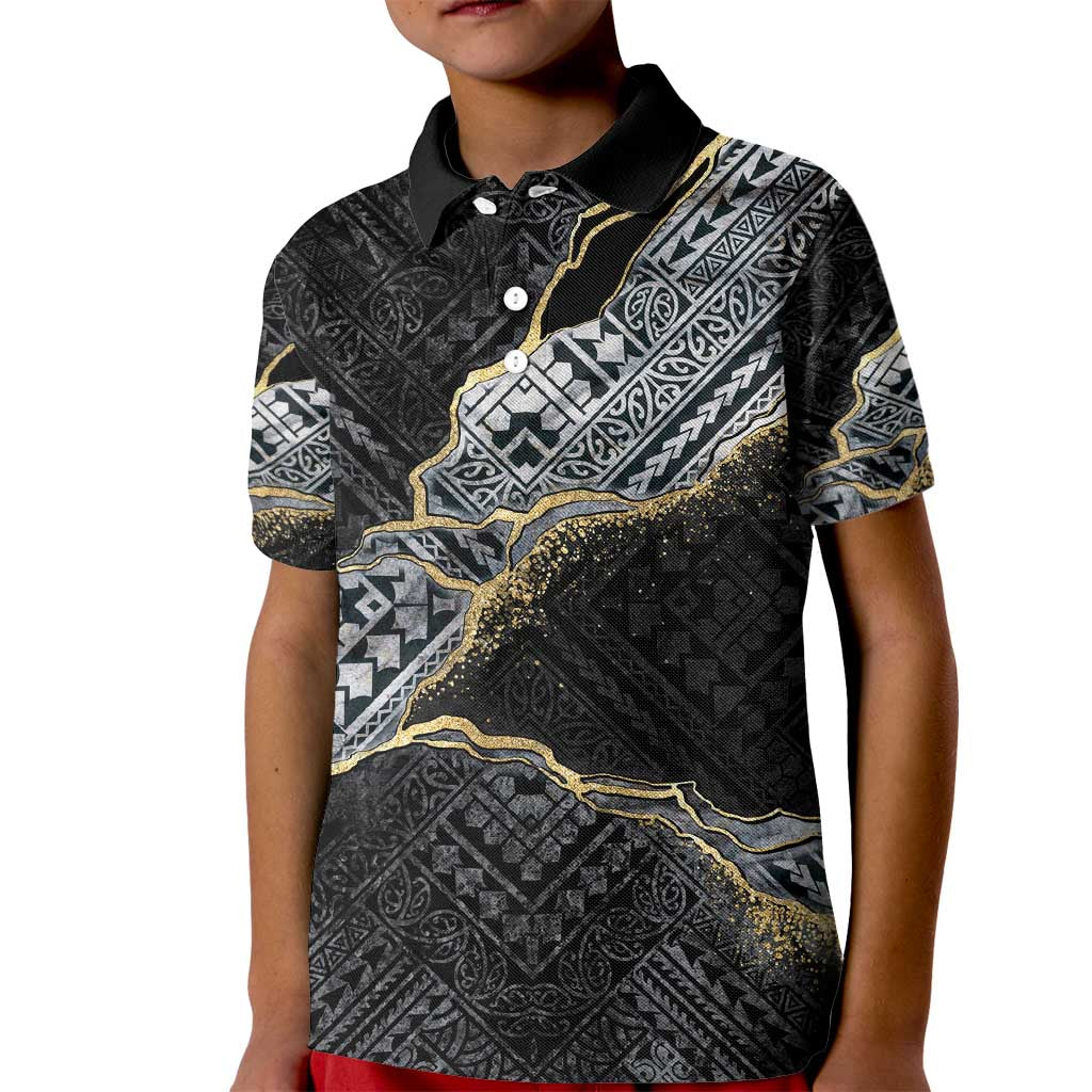 Polynesian Tribal Tattoo Kid Polo Shirt Dark Marble Pattern LT9 Kid Black - Polynesian Pride