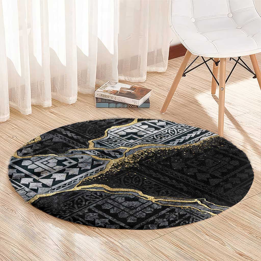 Polynesian Tribal Tattoo Round Carpet Dark Marble Pattern