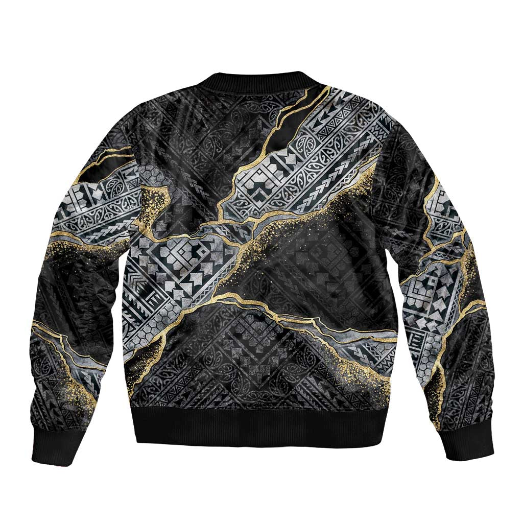 Polynesian Tribal Tattoo Sleeve Zip Bomber Jacket Dark Marble Pattern