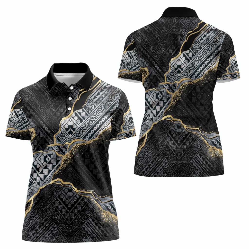 Polynesian Tribal Tattoo Women Polo Shirt Dark Marble Pattern