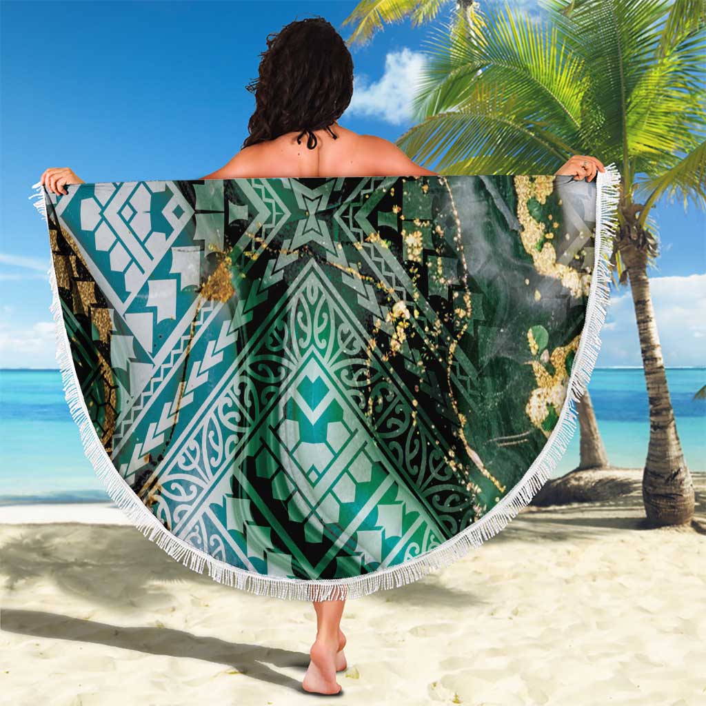 Polynesian Tribal Tattoo Beach Blanket Green Marble Pattern