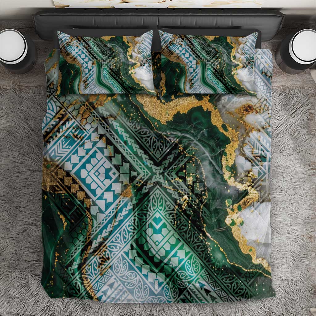 Polynesian Tribal Tattoo Bedding Set Green Marble Pattern