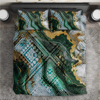 Polynesian Tribal Tattoo Bedding Set Green Marble Pattern