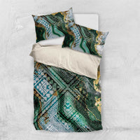 Polynesian Tribal Tattoo Bedding Set Green Marble Pattern