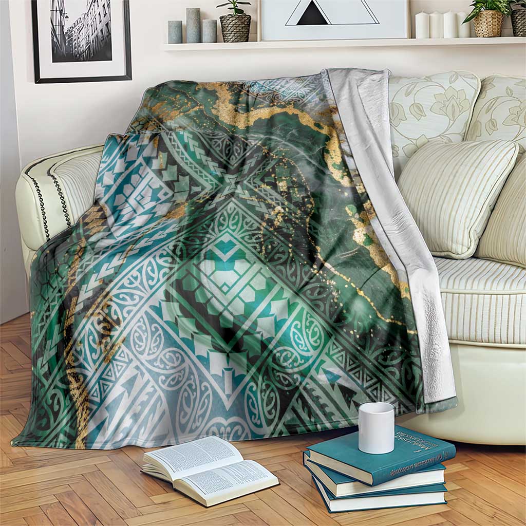 Polynesian Tribal Tattoo Blanket Green Marble Pattern