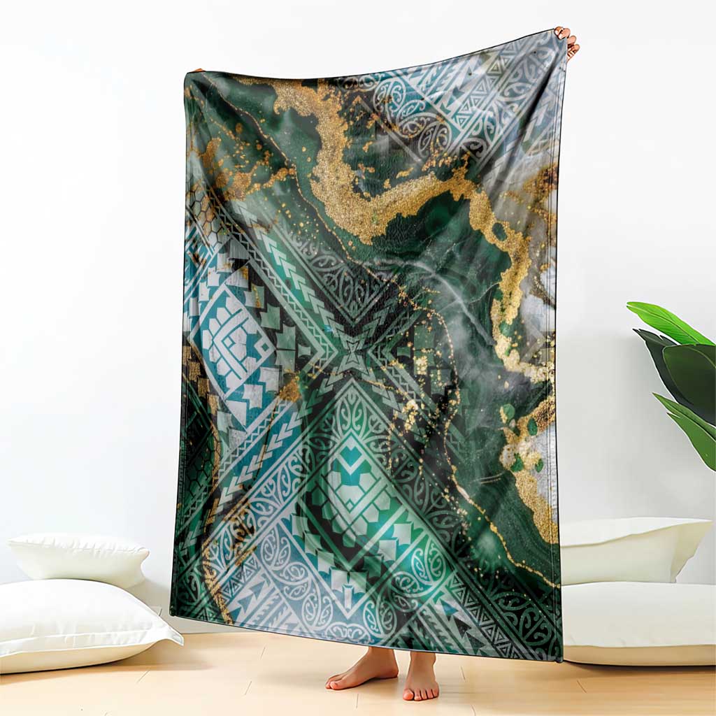 Polynesian Tribal Tattoo Blanket Green Marble Pattern
