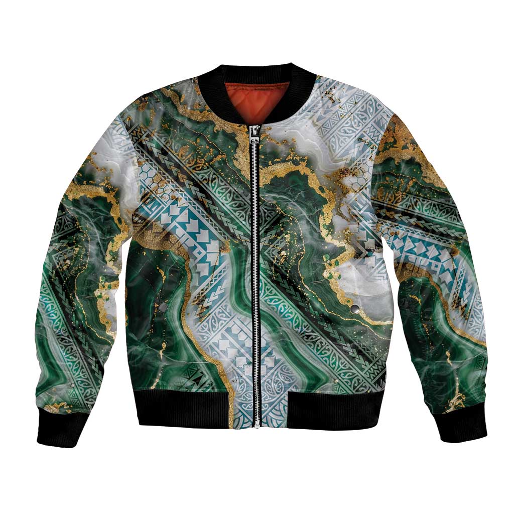 Polynesian Tribal Tattoo Bomber Jacket Green Marble Pattern