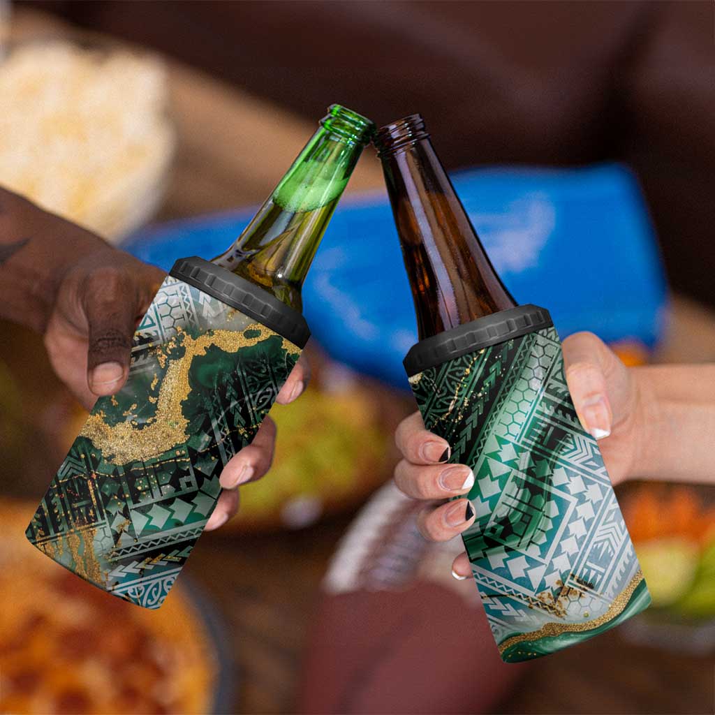 Polynesian Tribal Tattoo 4 in 1 Can Cooler Tumbler Green Marble Pattern