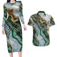 Polynesian Tribal Tattoo Couples Matching Long Sleeve Bodycon Dress and Hawaiian Shirt Green Marble Pattern LT9 Green - Polynesian Pride