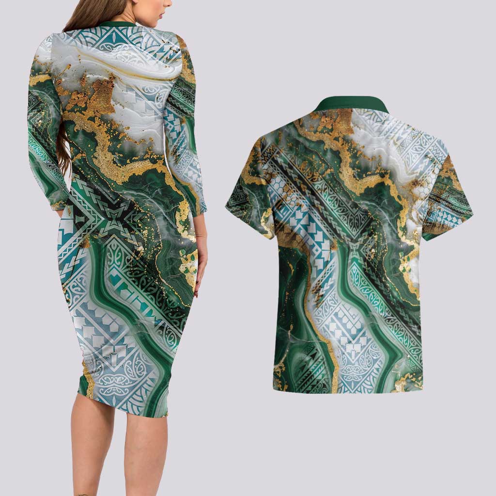 Polynesian Tribal Tattoo Couples Matching Long Sleeve Bodycon Dress and Hawaiian Shirt Green Marble Pattern LT9 - Polynesian Pride