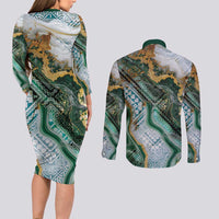 Polynesian Tribal Tattoo Couples Matching Long Sleeve Bodycon Dress and Long Sleeve Button Shirt Green Marble Pattern