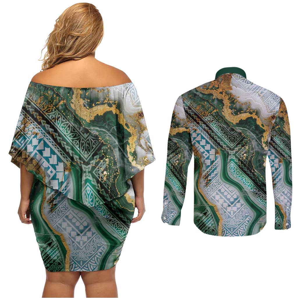 Polynesian Tribal Tattoo Couples Matching Off Shoulder Short Dress and Long Sleeve Button Shirt Green Marble Pattern LT9 - Polynesian Pride