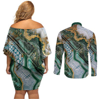 Polynesian Tribal Tattoo Couples Matching Off Shoulder Short Dress and Long Sleeve Button Shirt Green Marble Pattern LT9 - Polynesian Pride