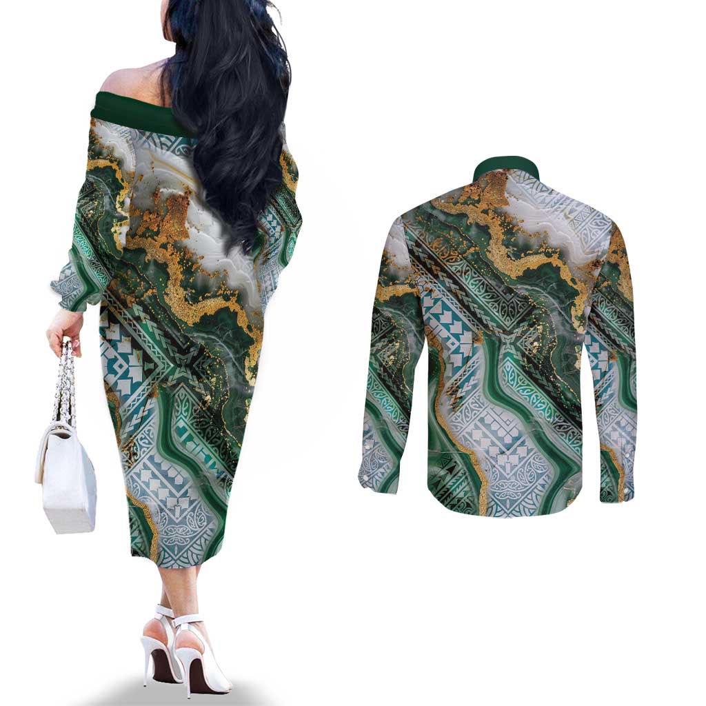 Polynesian Tribal Tattoo Couples Matching Off The Shoulder Long Sleeve Dress and Long Sleeve Button Shirt Green Marble Pattern