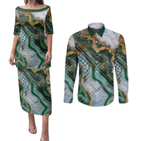 Polynesian Tribal Tattoo Couples Matching Puletasi and Long Sleeve Button Shirt Green Marble Pattern