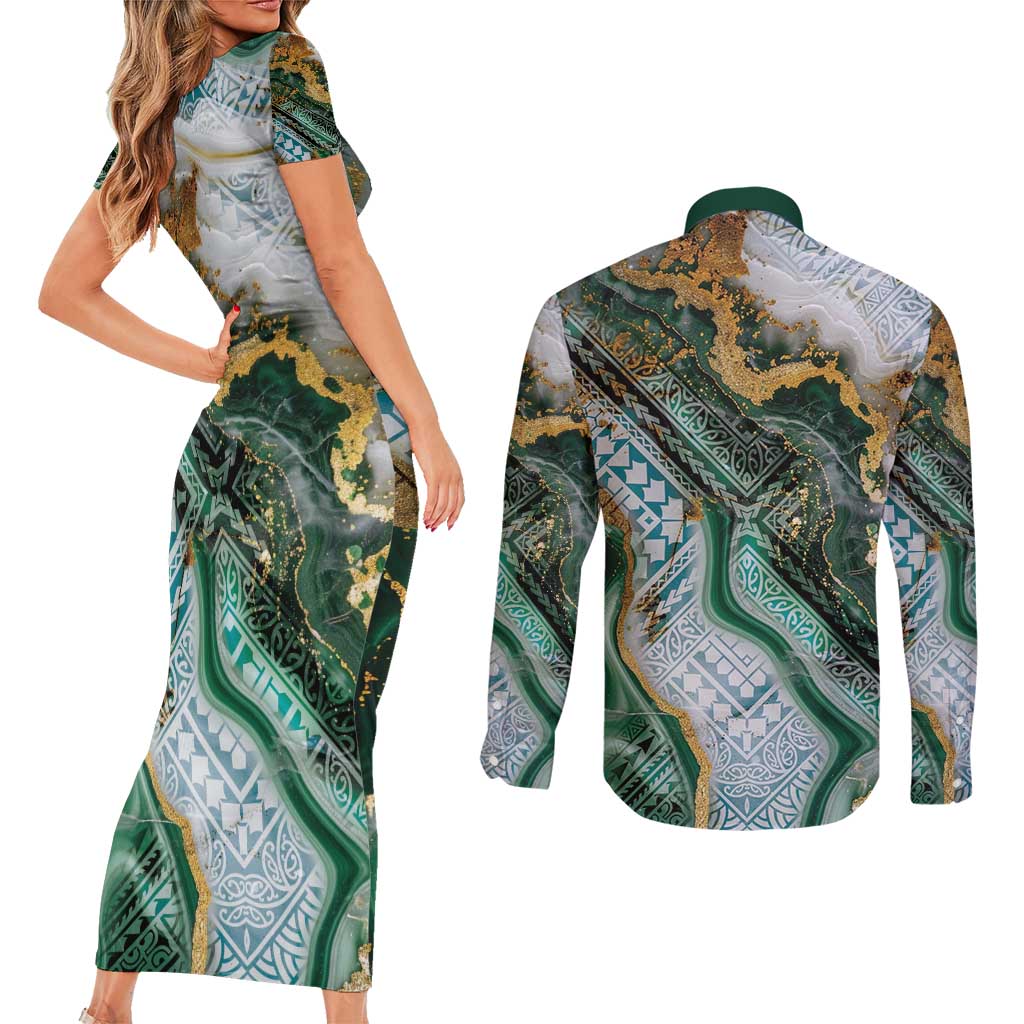 Polynesian Tribal Tattoo Couples Matching Short Sleeve Bodycon Dress and Long Sleeve Button Shirt Green Marble Pattern