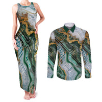 Polynesian Tribal Tattoo Couples Matching Tank Maxi Dress and Long Sleeve Button Shirt Green Marble Pattern
