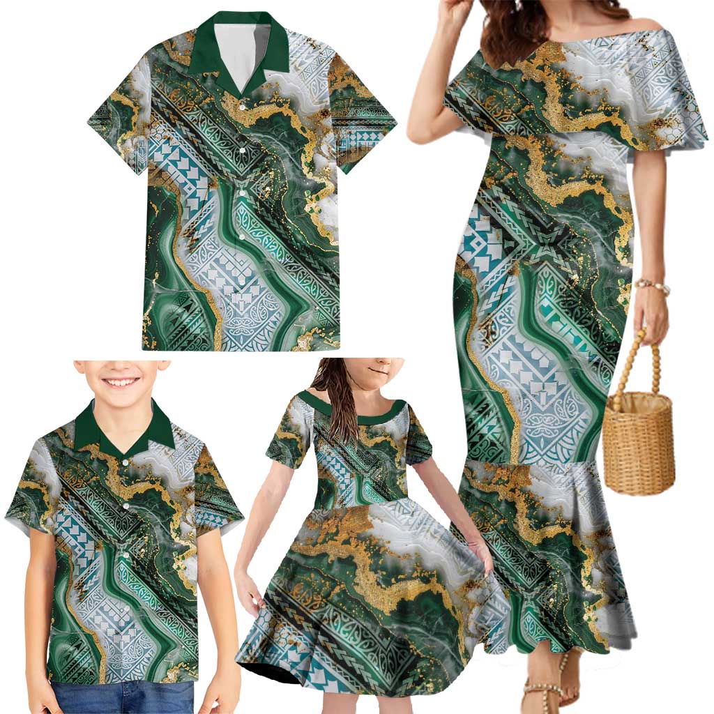 Polynesian Tribal Tattoo Family Matching Mermaid Dress and Hawaiian Shirt Green Marble Pattern LT9 - Polynesian Pride