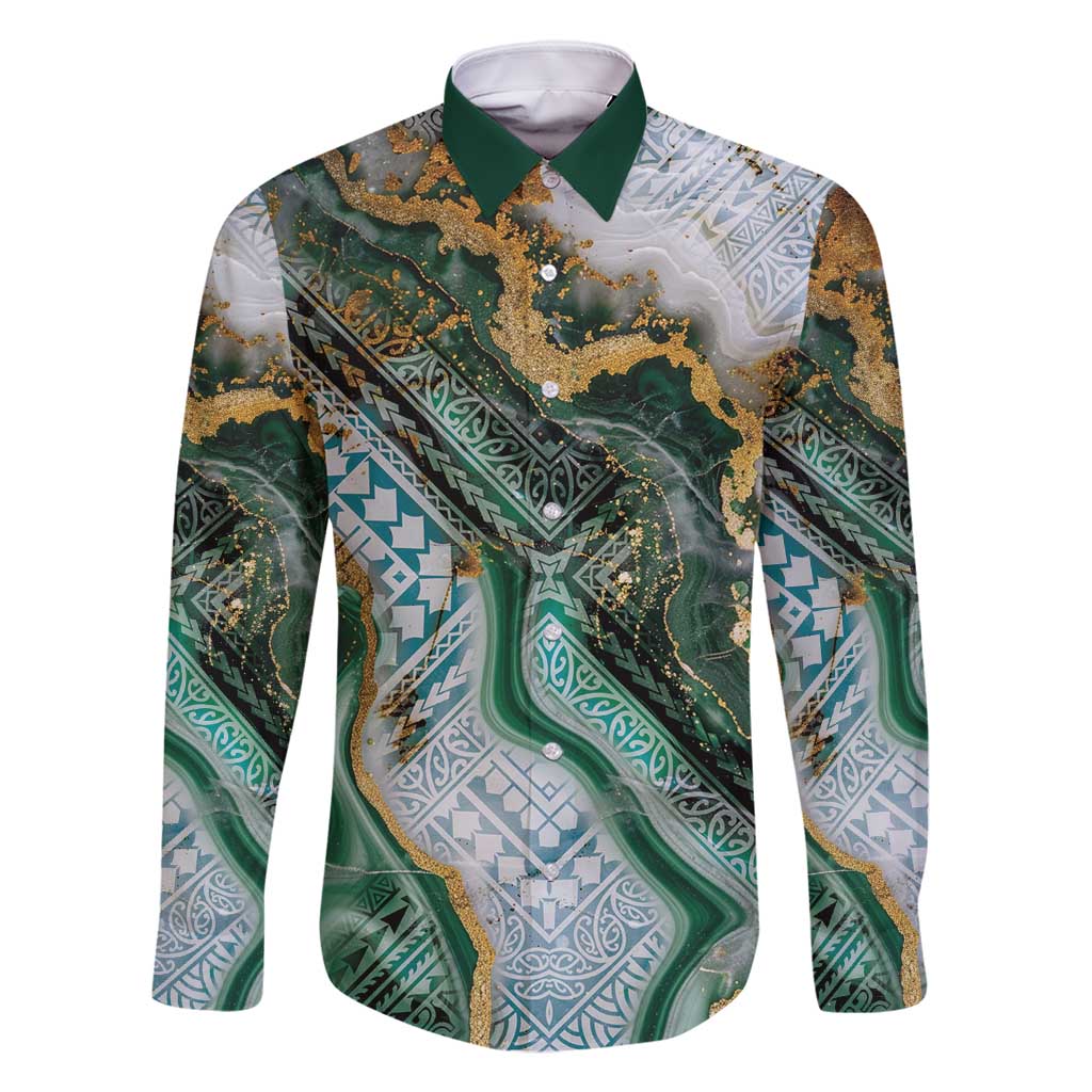 Polynesian Tribal Tattoo Family Matching Mermaid Dress and Hawaiian Shirt Green Marble Pattern LT9 Dad's Shirt - Long Sleeve Green - Polynesian Pride