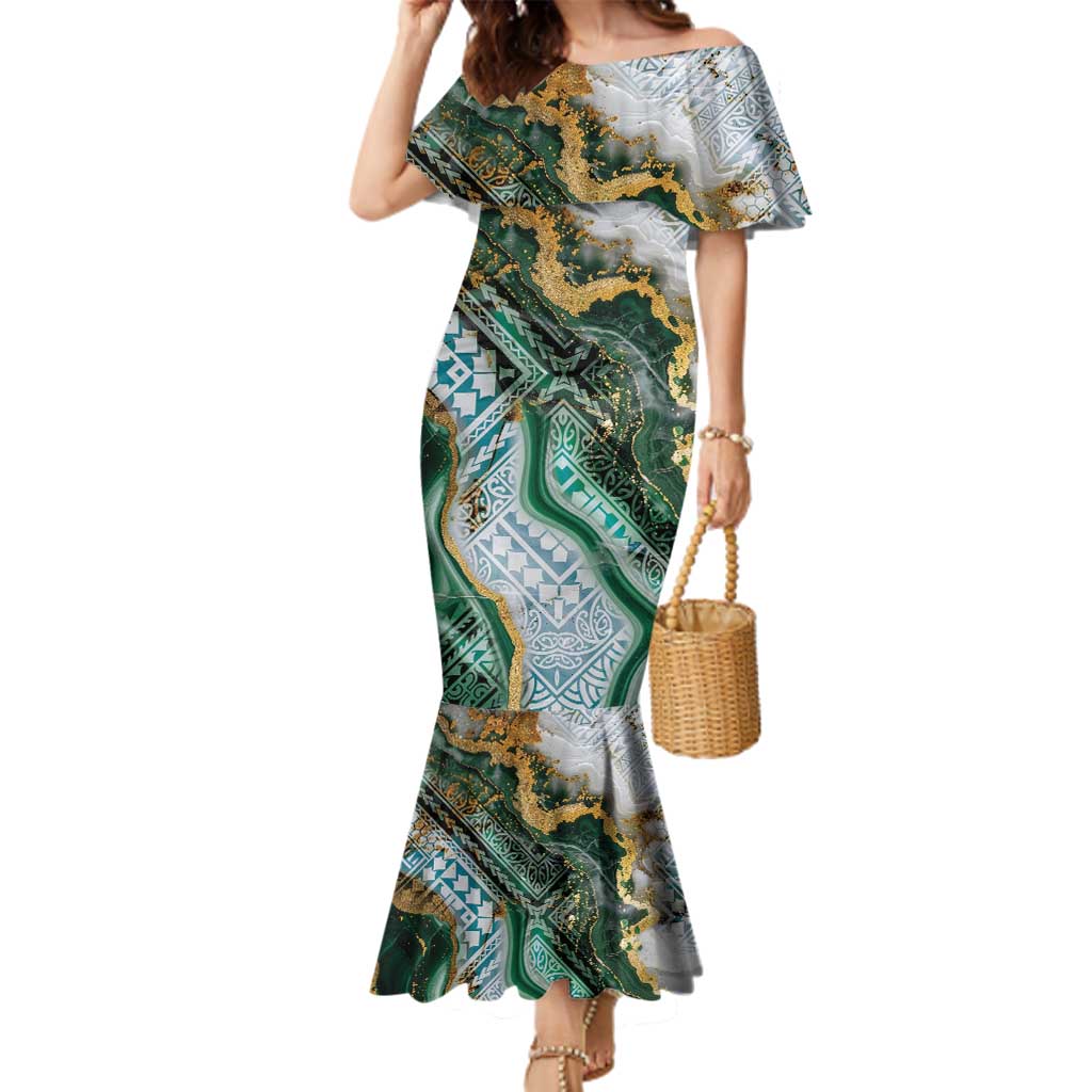 Polynesian Tribal Tattoo Family Matching Mermaid Dress and Hawaiian Shirt Green Marble Pattern LT9 Mom's Dress Green - Polynesian Pride