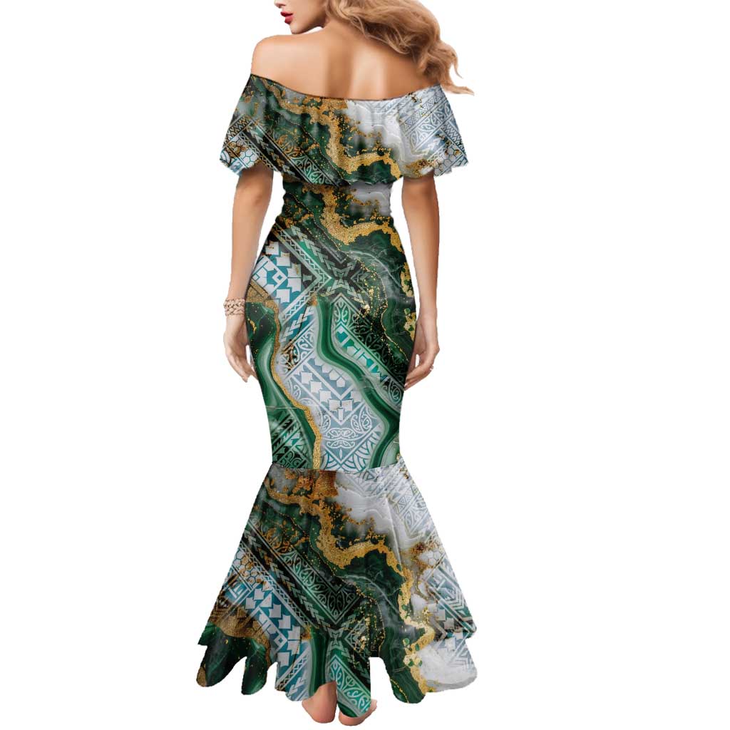 Polynesian Tribal Tattoo Family Matching Mermaid Dress and Hawaiian Shirt Green Marble Pattern LT9 - Polynesian Pride