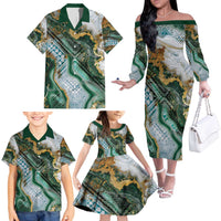 Polynesian Tribal Tattoo Family Matching Off The Shoulder Long Sleeve Dress and Hawaiian Shirt Green Marble Pattern