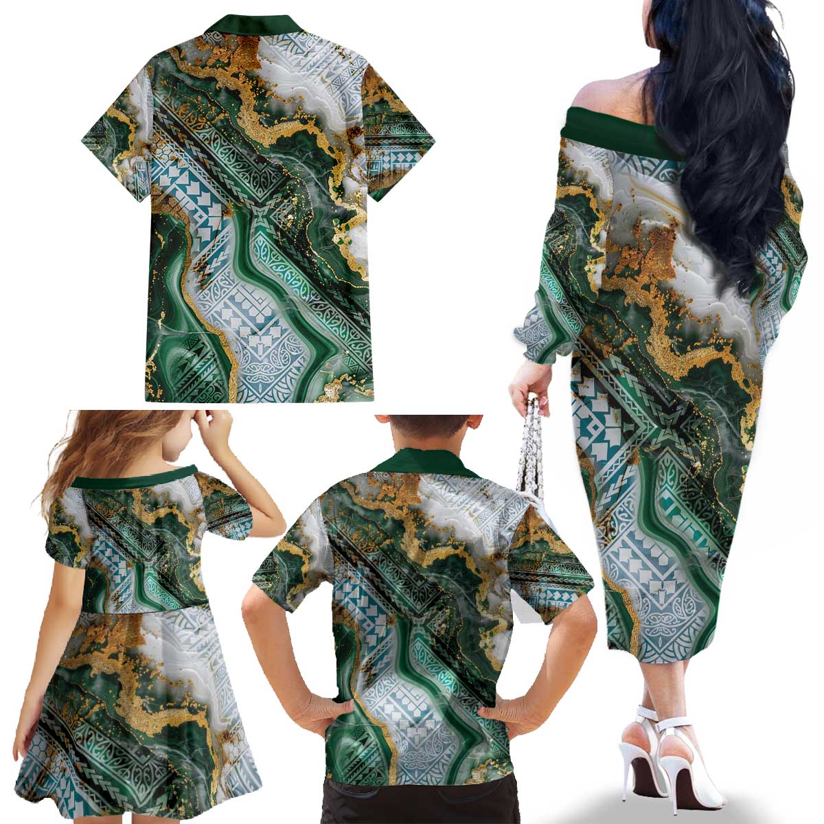 Polynesian Tribal Tattoo Family Matching Off The Shoulder Long Sleeve Dress and Hawaiian Shirt Green Marble Pattern