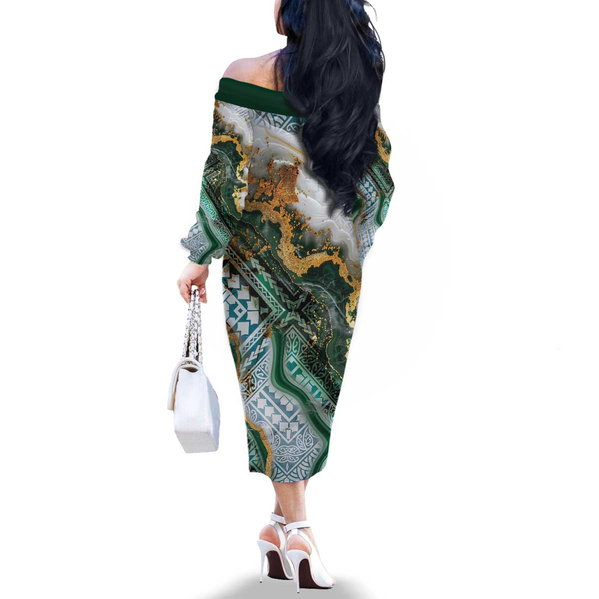 Polynesian Tribal Tattoo Family Matching Off The Shoulder Long Sleeve Dress and Hawaiian Shirt Green Marble Pattern
