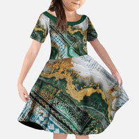 Polynesian Tribal Tattoo Family Matching Off Shoulder Maxi Dress and Hawaiian Shirt Green Marble Pattern LT9 Daughter's Dress Green - Polynesian Pride