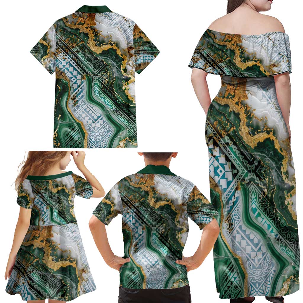Polynesian Tribal Tattoo Family Matching Off Shoulder Maxi Dress and Hawaiian Shirt Green Marble Pattern LT9 - Polynesian Pride
