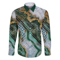 Polynesian Tribal Tattoo Family Matching Off Shoulder Maxi Dress and Hawaiian Shirt Green Marble Pattern LT9 Dad's Shirt - Long Sleeve Green - Polynesian Pride