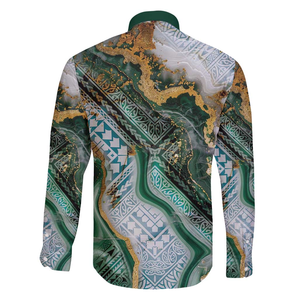 Polynesian Tribal Tattoo Family Matching Off Shoulder Maxi Dress and Hawaiian Shirt Green Marble Pattern LT9 - Polynesian Pride
