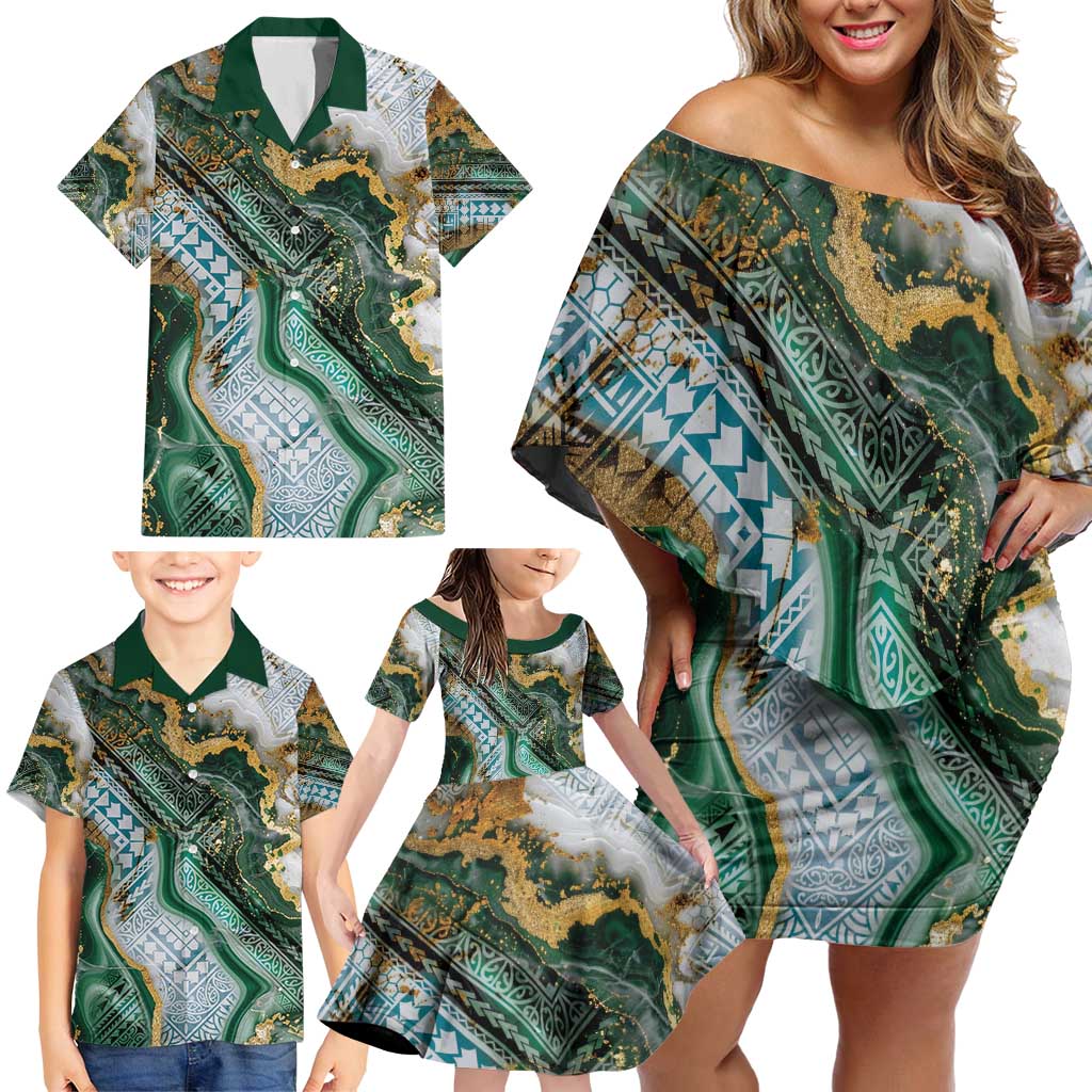 Polynesian Tribal Tattoo Family Matching Off Shoulder Short Dress and Hawaiian Shirt Green Marble Pattern LT9 - Polynesian Pride
