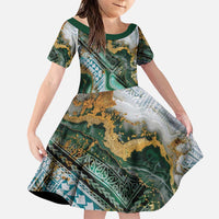 Polynesian Tribal Tattoo Family Matching Puletasi and Hawaiian Shirt Green Marble Pattern LT9 Daughter's Dress Green - Polynesian Pride