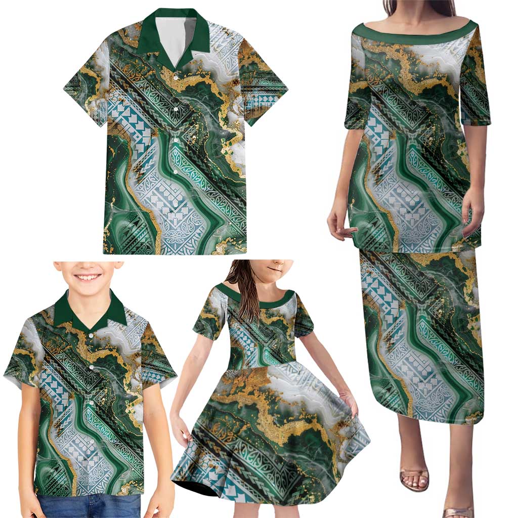 Polynesian Tribal Tattoo Family Matching Puletasi and Hawaiian Shirt Green Marble Pattern LT9 - Polynesian Pride