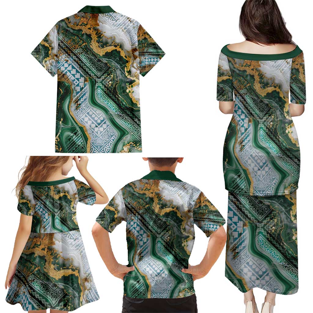 Polynesian Tribal Tattoo Family Matching Puletasi and Hawaiian Shirt Green Marble Pattern LT9 - Polynesian Pride