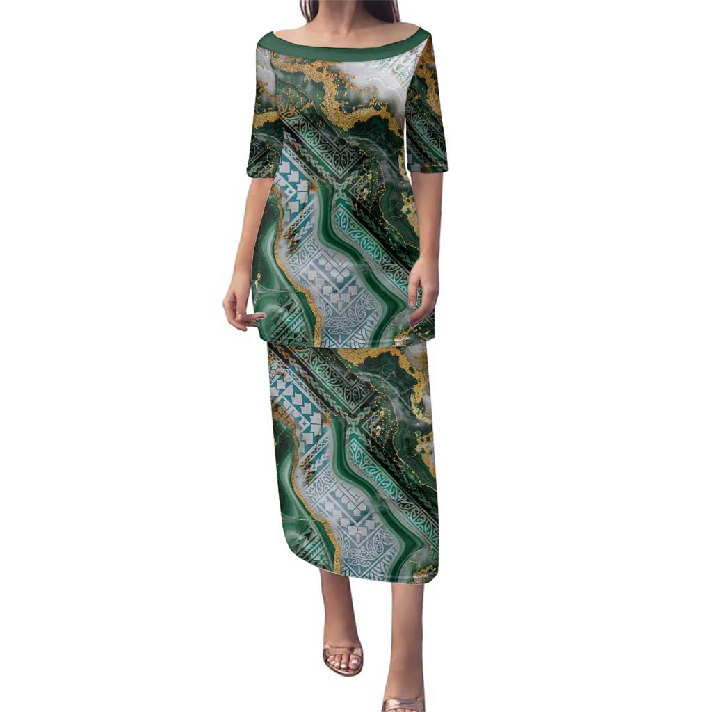 Polynesian Tribal Tattoo Family Matching Puletasi and Hawaiian Shirt Green Marble Pattern LT9 Mom's Dress Green - Polynesian Pride