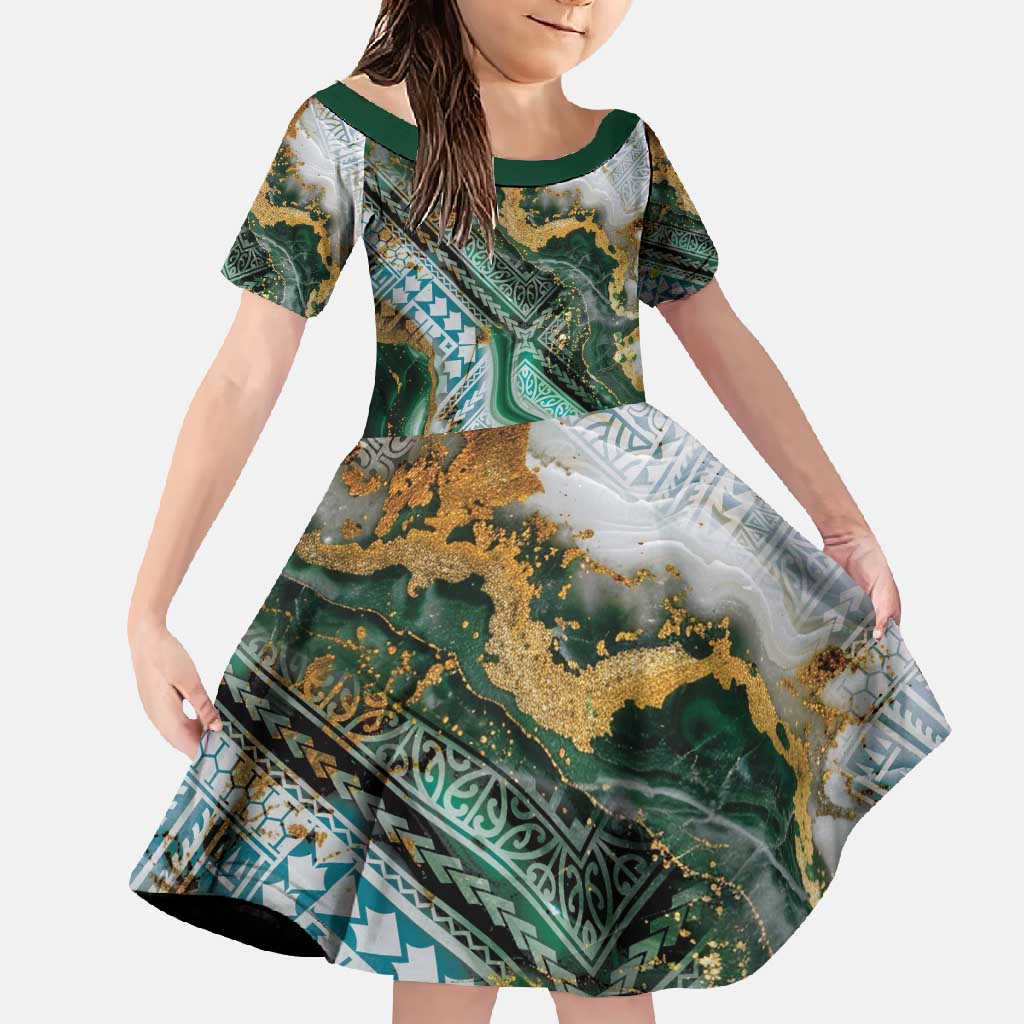 Polynesian Tribal Tattoo Family Matching Short Sleeve Bodycon Dress and Hawaiian Shirt Green Marble Pattern LT9 Daughter's Dress Green - Polynesian Pride