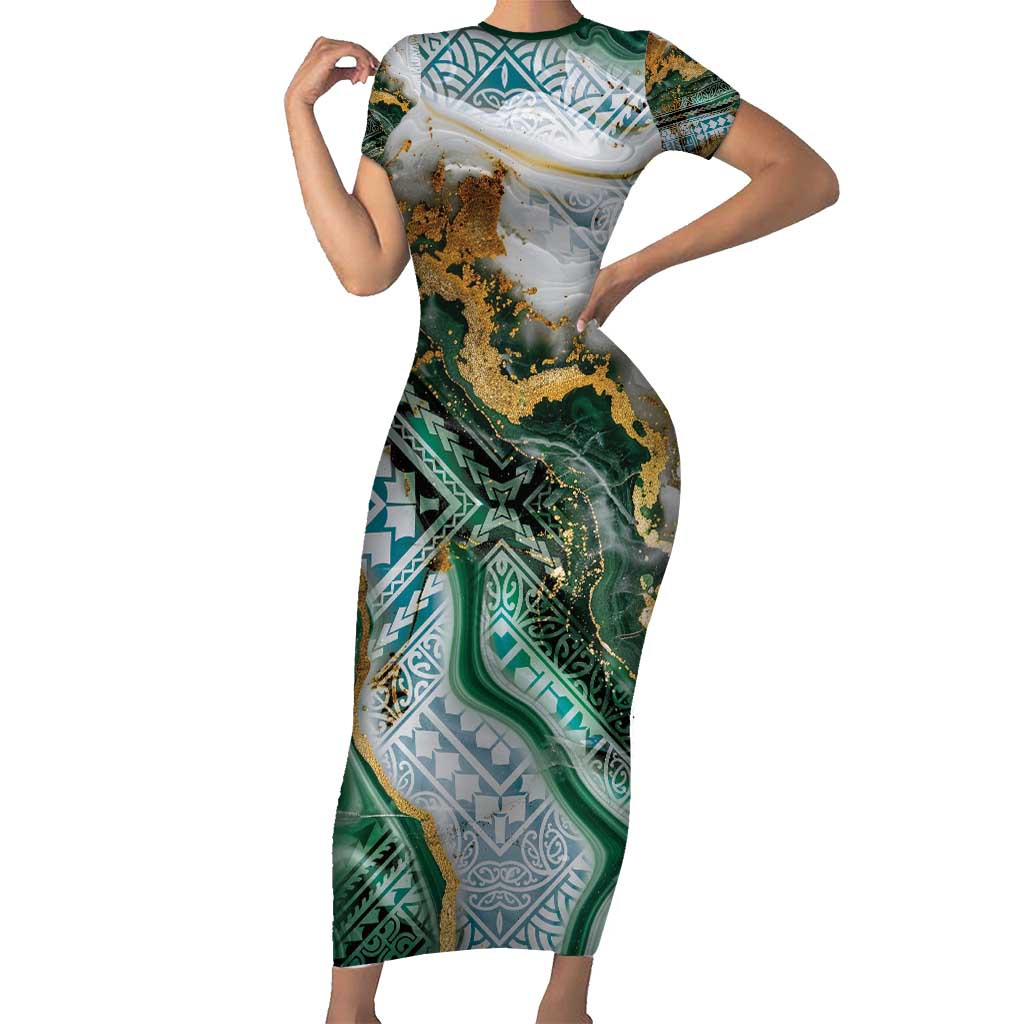 Polynesian Tribal Tattoo Family Matching Short Sleeve Bodycon Dress and Hawaiian Shirt Green Marble Pattern LT9 Mom's Dress Green - Polynesian Pride