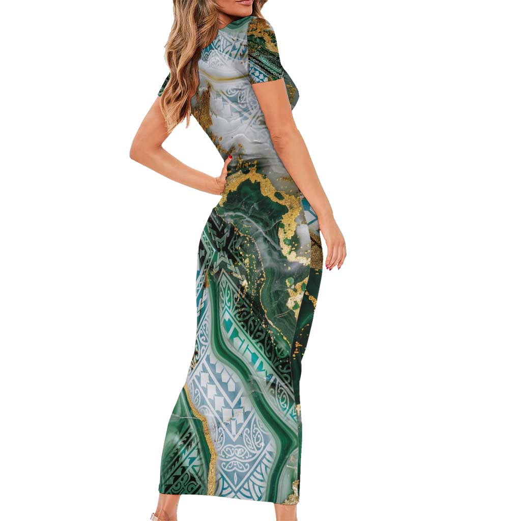 Polynesian Tribal Tattoo Family Matching Short Sleeve Bodycon Dress and Hawaiian Shirt Green Marble Pattern LT9 - Polynesian Pride