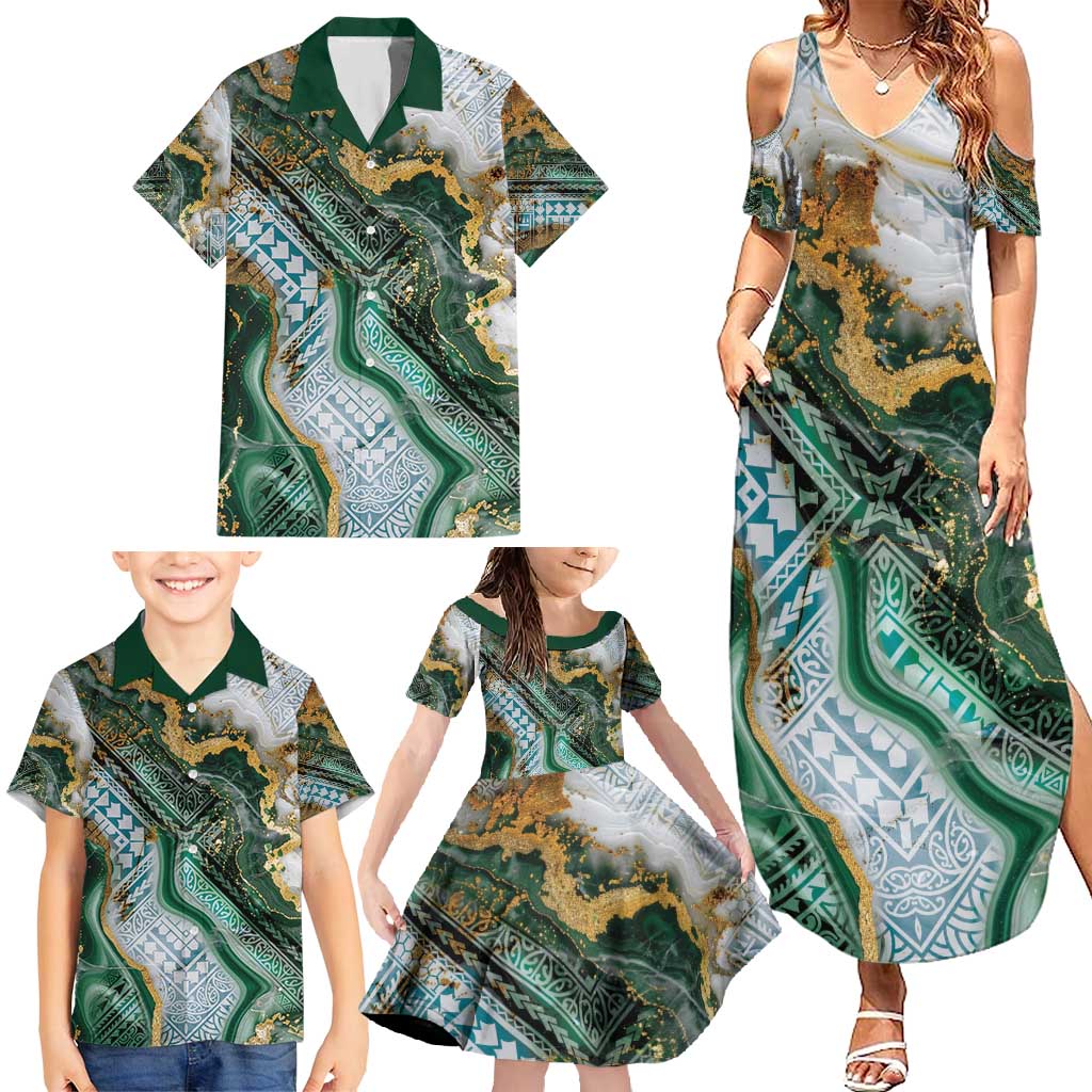 Polynesian Tribal Tattoo Family Matching Summer Maxi Dress and Hawaiian Shirt Green Marble Pattern LT9 - Polynesian Pride