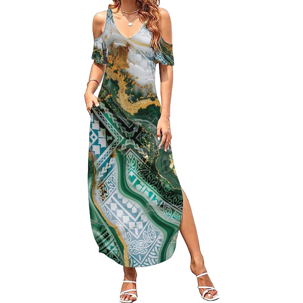 Polynesian Tribal Tattoo Family Matching Summer Maxi Dress and Hawaiian Shirt Green Marble Pattern LT9 Mom's Dress Green - Polynesian Pride