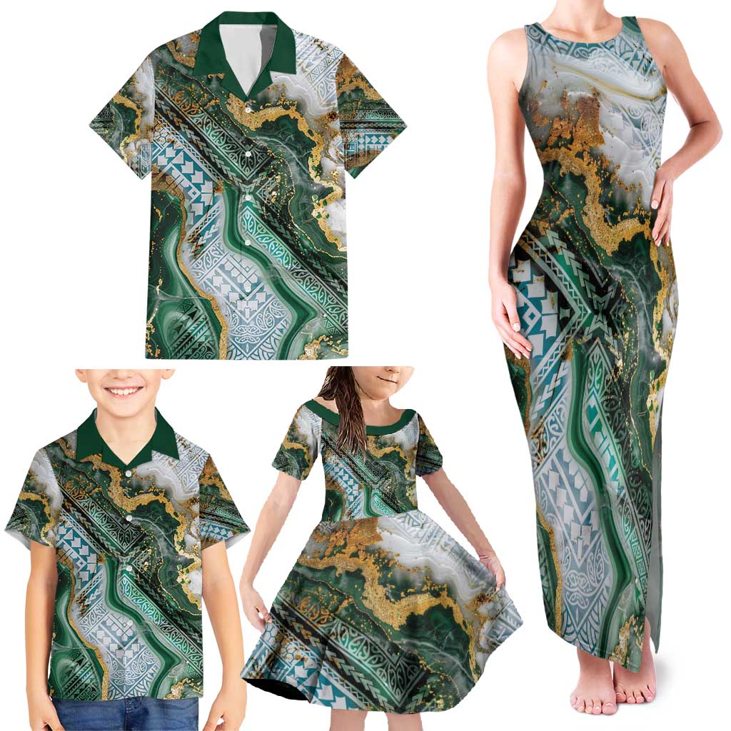 Polynesian Tribal Tattoo Family Matching Tank Maxi Dress and Hawaiian Shirt Green Marble Pattern LT9 - Polynesian Pride