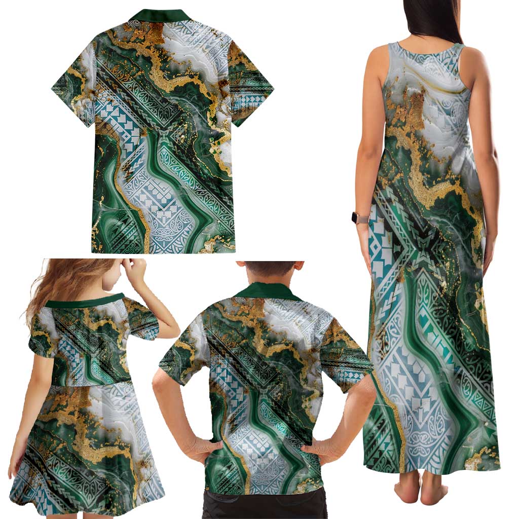 Polynesian Tribal Tattoo Family Matching Tank Maxi Dress and Hawaiian Shirt Green Marble Pattern LT9 - Polynesian Pride