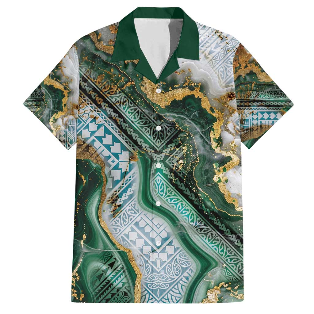 Polynesian Tribal Tattoo Family Matching Tank Maxi Dress and Hawaiian Shirt Green Marble Pattern LT9 Dad's Shirt - Short Sleeve Green - Polynesian Pride