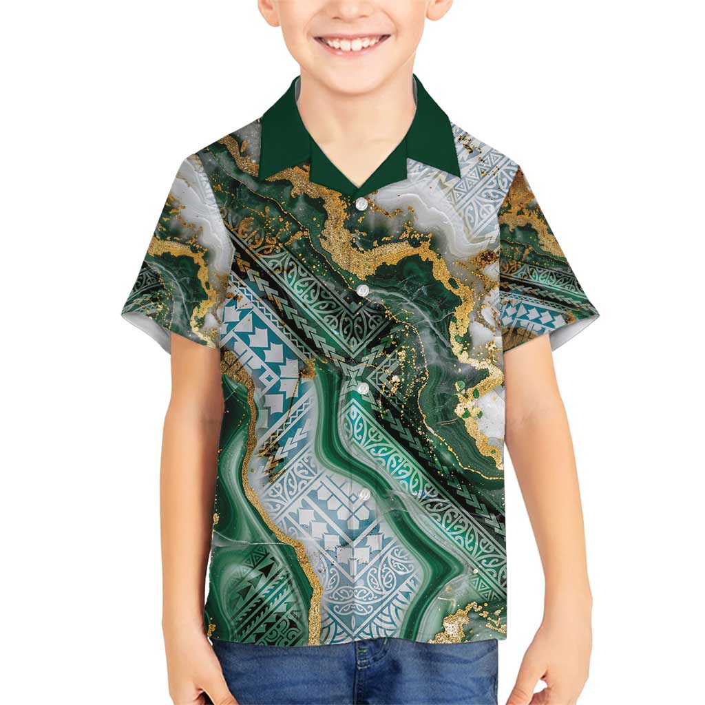Polynesian Tribal Tattoo Family Matching Tank Maxi Dress and Hawaiian Shirt Green Marble Pattern LT9 Son's Shirt Green - Polynesian Pride